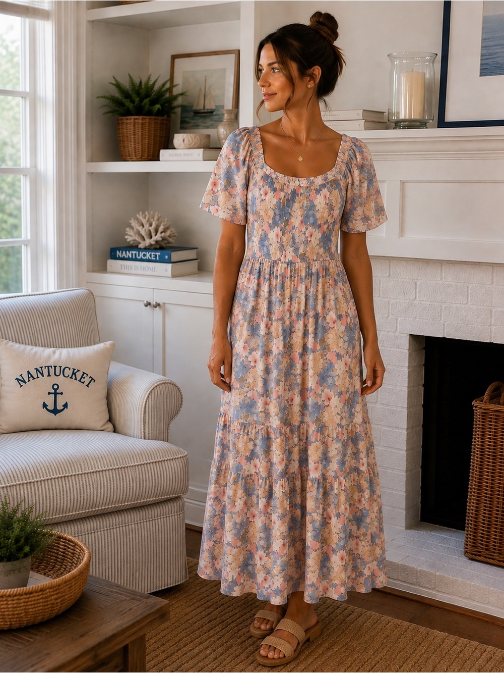 NWT Pastel Blue and Cream Floral Midi Dress